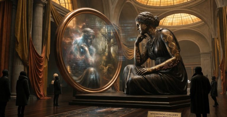 This Titaness represents the field of retention—that which preserves traces, organizes meanings, and prevents lived experiences from dissolving into the void. Within her coexist the depth of Scorpio—which guards and holds—and the articulation of Gemini—which connects, names, and transmits. Bronzestatue einer nachdenklichen Frau mit einem kreisförmigen Spiegel im Hintergrund.
