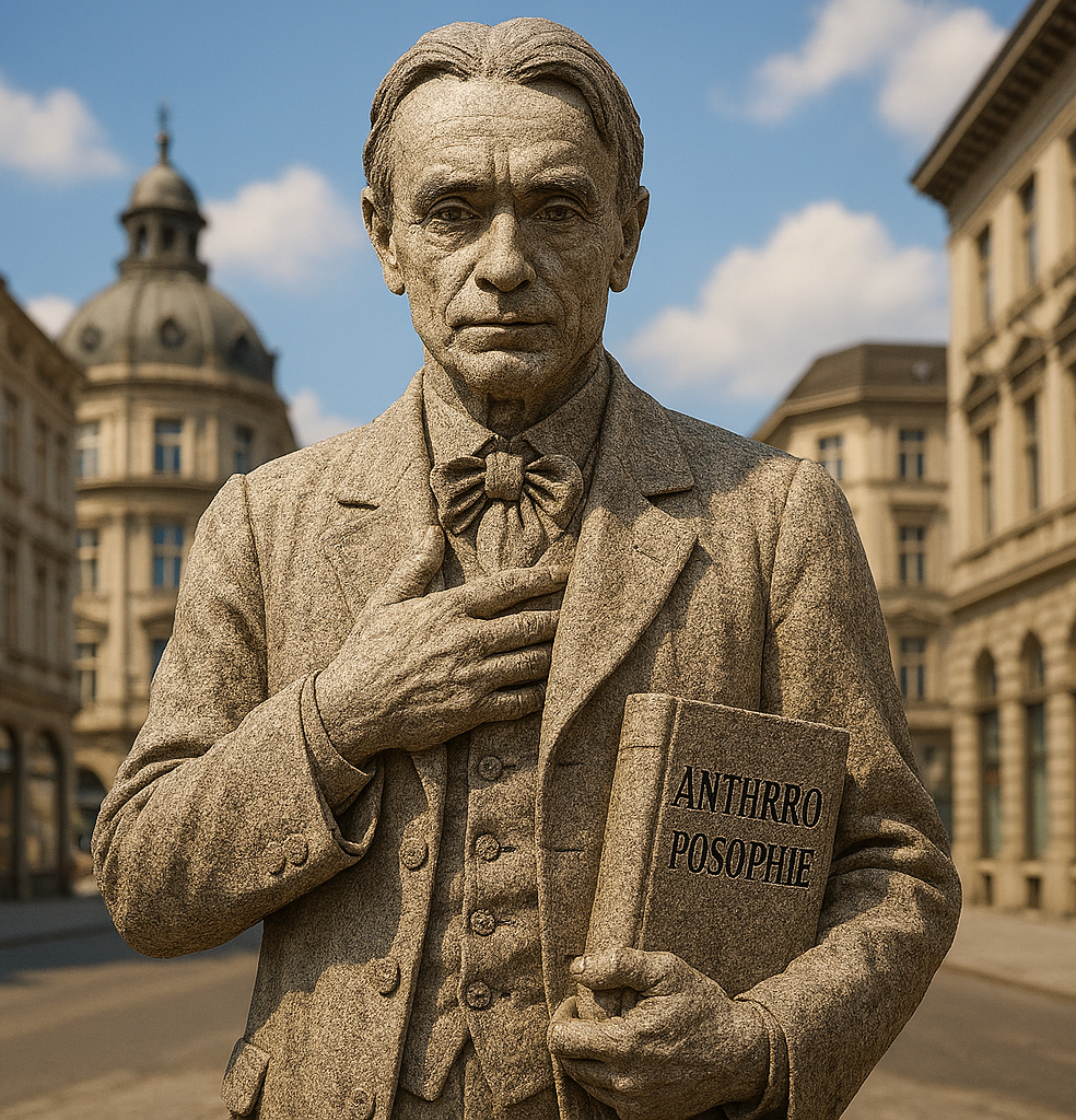 Rudolf Steiner: Die Anthroposophie (Weisheit vom Menschen) erweitert die philosophische Sicht um eine geistige Kosmologie. In seinem Werk „Theosophie“ (1904) systematisiert Steiner das Wissen über die unsichtbaren Aspekte der menschlichen Existenz und integriert Konzepte wie Reinkarnation und Karma in einen modernen, westlichen Kontext. Büste eines Mannes mit Buch in der Hand, in historischer Architektur umgeben.