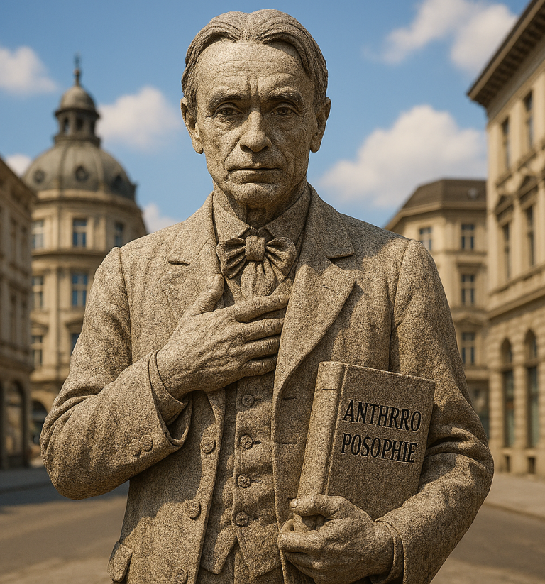 Rudolf Steiner: Die Anthroposophie (Weisheit vom Menschen) erweitert die philosophische Sicht um eine geistige Kosmologie. In seinem Werk „Theosophie“ (1904) systematisiert Steiner das Wissen über die unsichtbaren Aspekte der menschlichen Existenz und integriert Konzepte wie Reinkarnation und Karma in einen modernen, westlichen Kontext. Büste eines Mannes mit Buch in der Hand, in historischer Architektur umgeben.