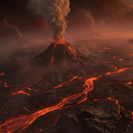Aktiver Vulkan mit ausströmender Lava und Rauch über einer dystopischen Landschaft.