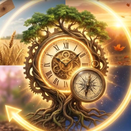 Ein fantasievoller Baum mit Uhren und einer Kompass, der Zeit und Natur vereint.