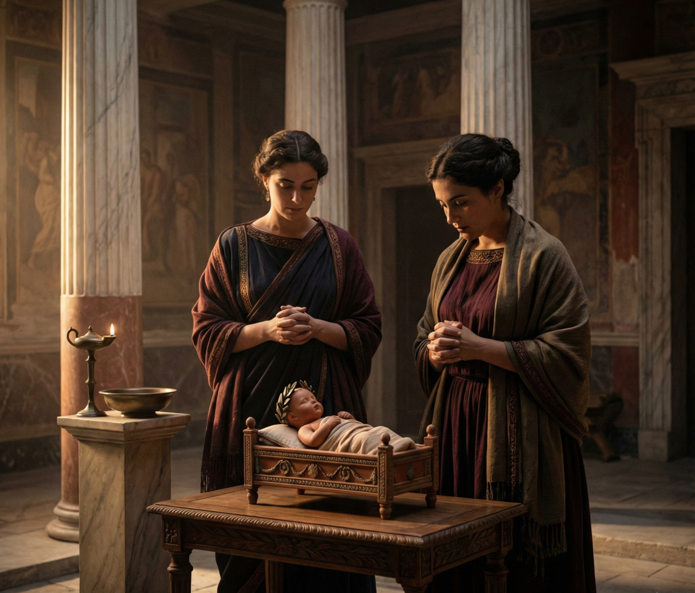 Zwei Frauen in antiken Gewändern stehen an einem Kinderbett in einem historischen Raum.