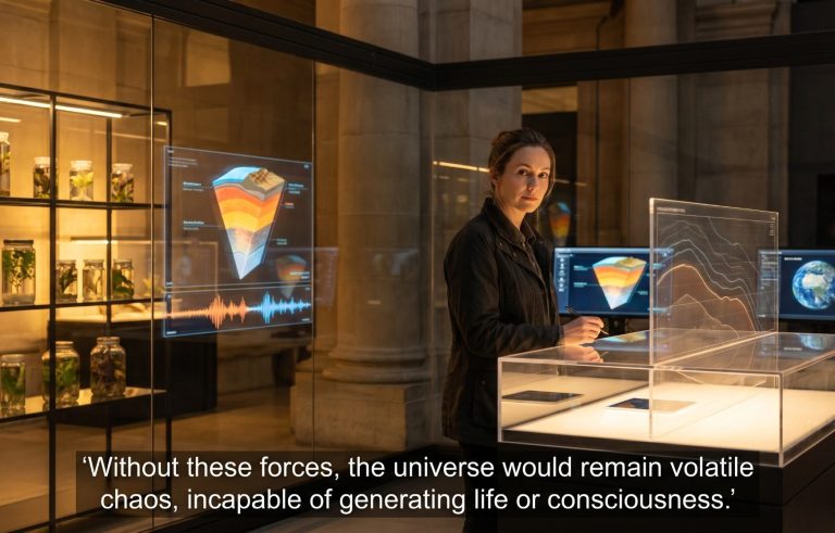 Human experience exists only because Kronos delineates the stage upon which consciousness can act, test itself, and develop. Frau steht an einem Tisch mit Bildschirmen und erklärt kosmologische Konzepte.