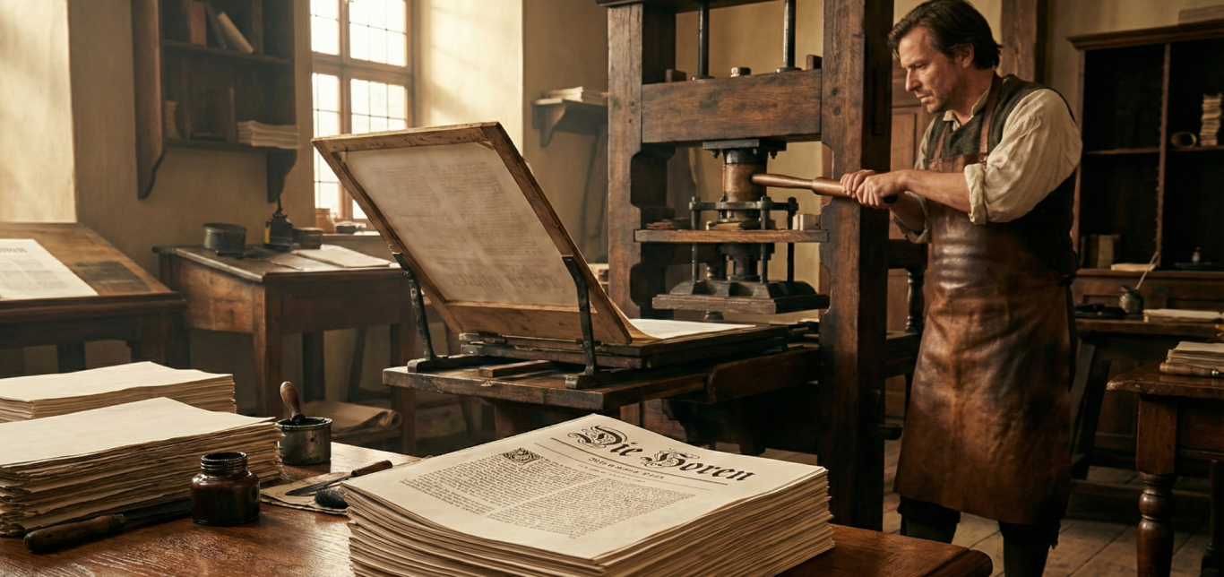 Historische Druckerpresse mit Stapel bedrucktem Papier in einer Werkstatt.