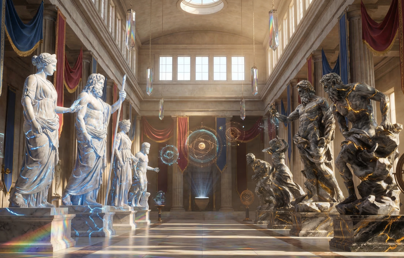 Eine prachtvolle Halle mit antiken Statuen und prächtigen Vorhängen.