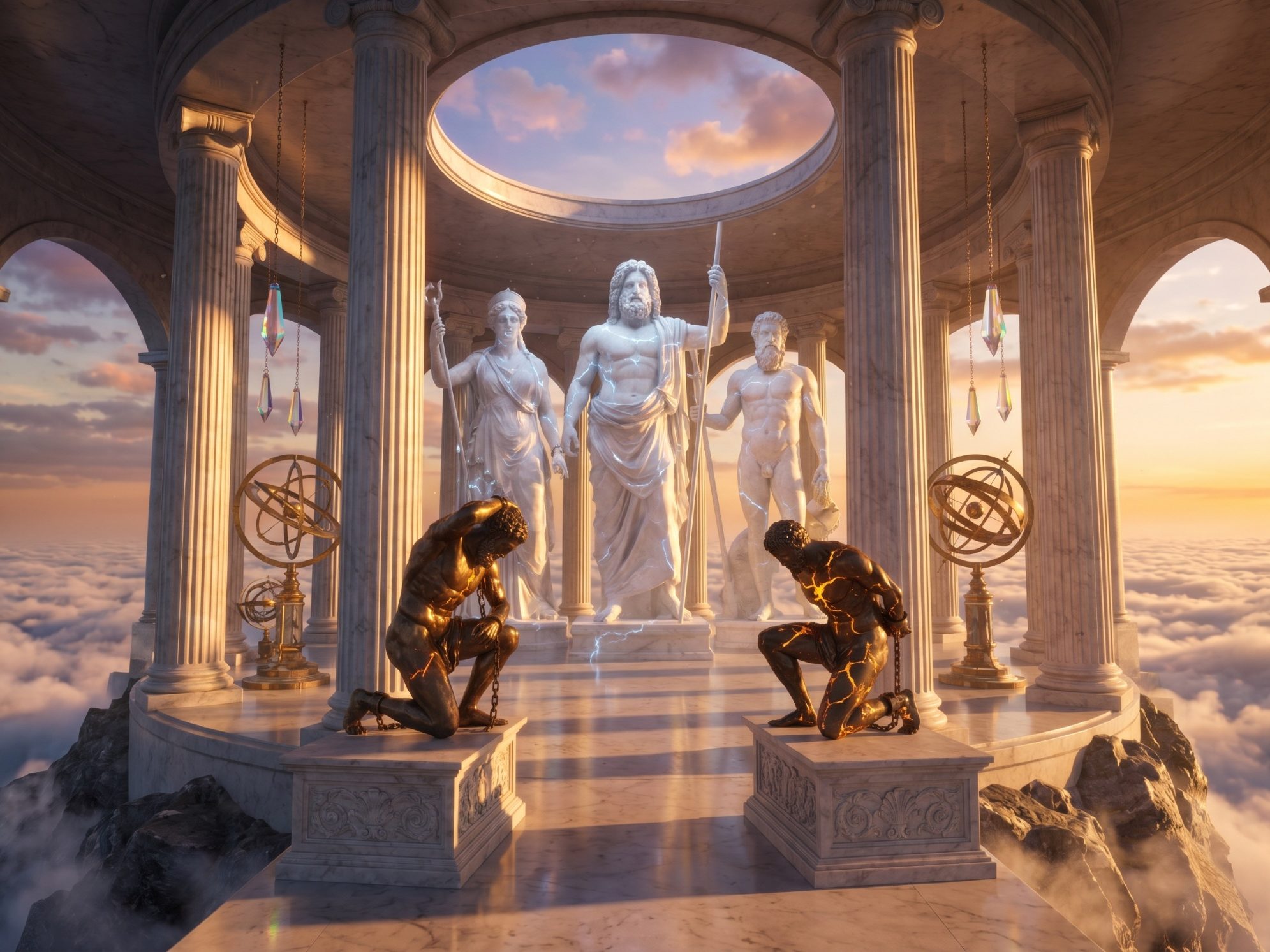 Gods of Olympus: Dominant forces Antike Statuen in einem himmlischen Tempel über Wolken, mit dramatischem Licht.
