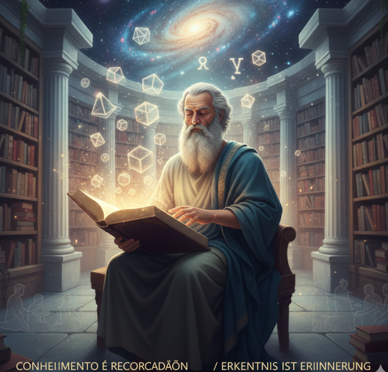 Platon - Systematische Analyse der Kernkonzepte. Die Ideenlehre (Theorie der Formen) Weiser alter Mann sitzt in einer Bibliothek und studiert ein leuchtendes Buch.