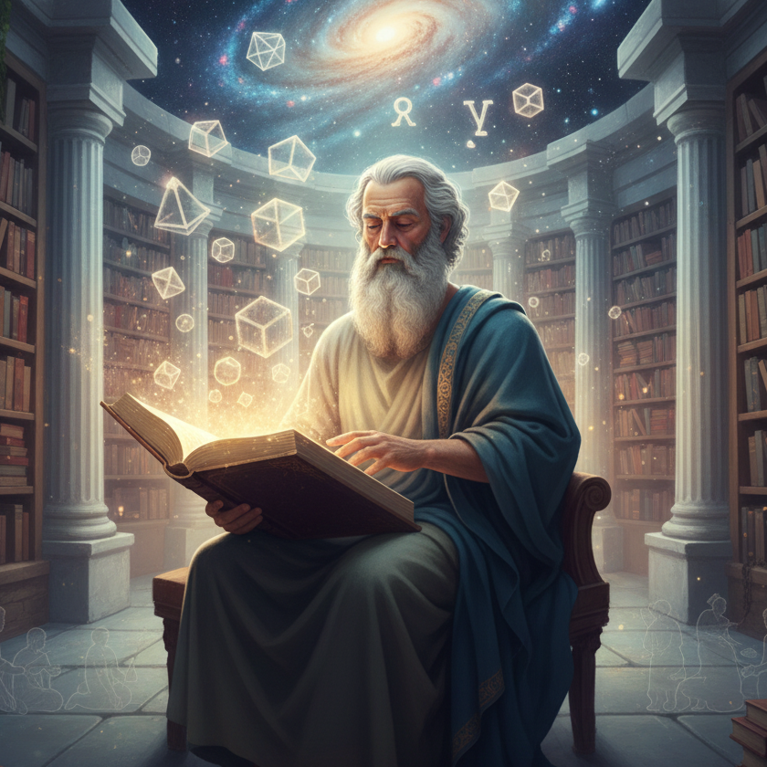 Platon - Systematische Analyse der Kernkonzepte. Die Ideenlehre (Theorie der Formen) Weiser alter Mann sitzt in einer Bibliothek und studiert ein leuchtendes Buch.