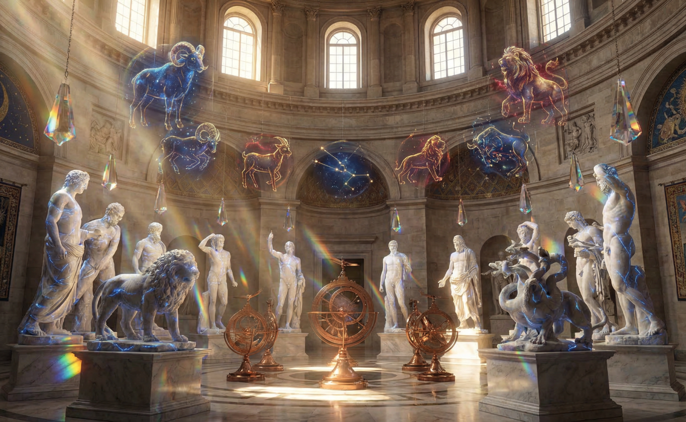 Statuen in einem lichtdurchfluteten Raum mit künstlerischer Dekoration und Tiermotiven.