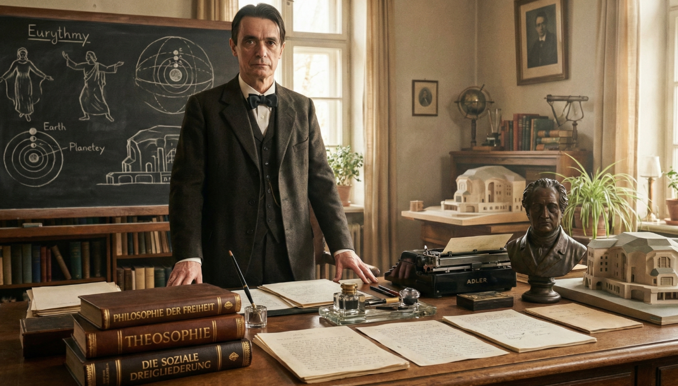 Rudolf Steiner "Leben, Werk und Wirkungs geschichte".Der Architekt der Wissenschaft, des Geistes und der Manifestationen der Anthroposophie in der Moderne. "Ein Pfad zur Humanität" Mann in Anzug steht an einem Tisch mit alten Büchern und Dokumenten in einem historischen Raum.