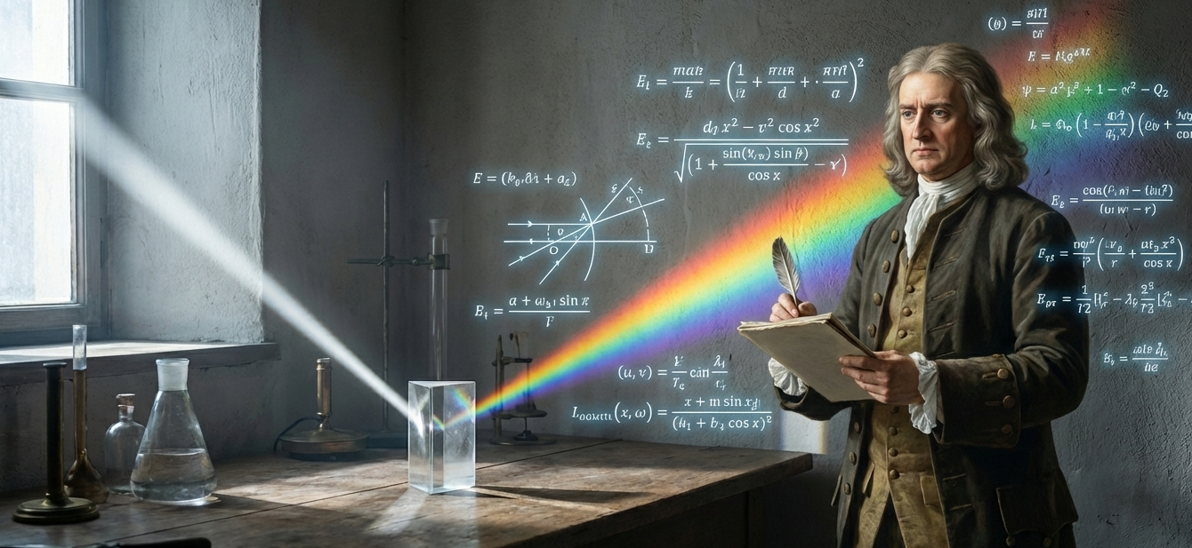 Ein Wissenschaftler analysiert Lichtbrechung durch ein Glas und notiert Berechnungen.