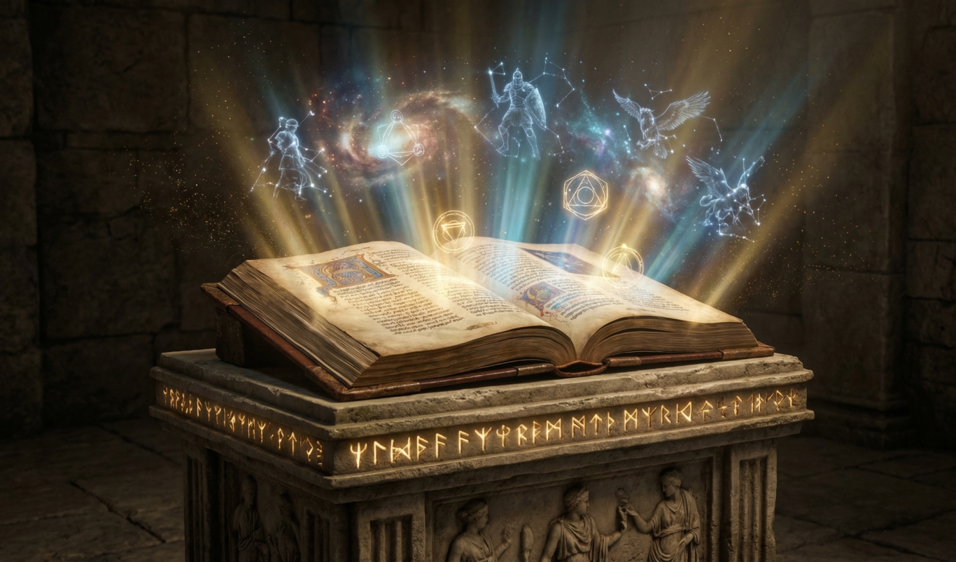 Ein aufgeschlagenes Buch mit leuchtenden, magischen Symbolen und Effekten.