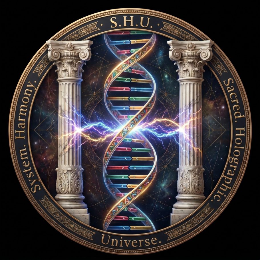 The mission of the SHU: To understand, demonstrate, and convey the knowledge that we are eternal beings from the same source, whose consciousness must blossom in order to become a source itself. Happiness lies in this unfolding. Kreisförmiges Design mit DNA-Helix, Säulen und energetischen Elementen.