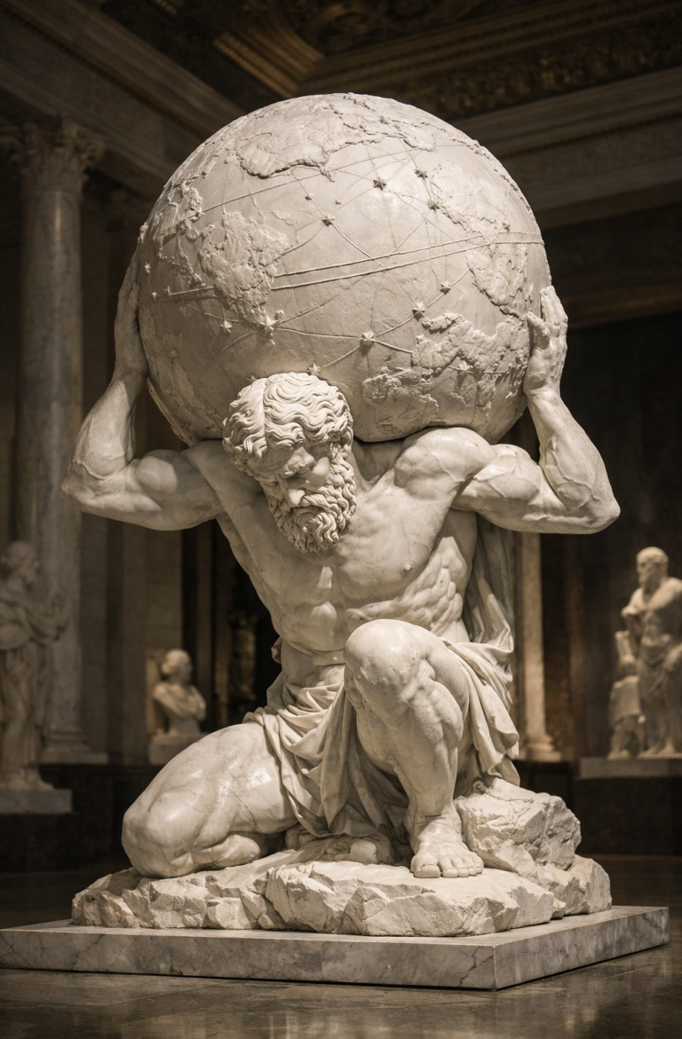 Atlas: weight, karma, responsibility Statue von Atlas, der die Weltkugel auf seinen Schultern trägt.