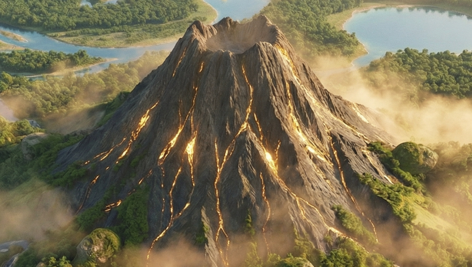 Aktiver Vulkan mit glühender Lava, umgeben von grüner Landschaft und Gewässern.