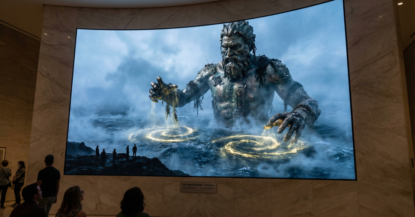 Ein gigantischer Titan mit magischen Symbolen, umhüllt von Wolken. Zuschauer im Vordergrund.