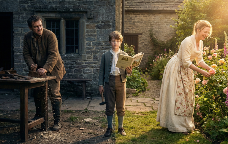 Mann beim Arbeiten, Junge mit Buch und Frau, die im Garten Blumen pflückt.