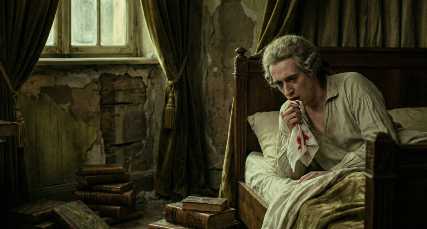 Zwei historische Figuren stehen vor einer Kathedrale und schauen nach oben.