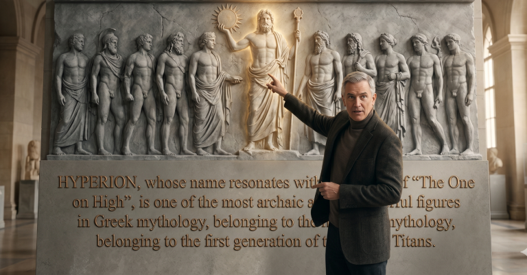His highest power is Integrity in Observation: the ability to see reality (Dharma) as it is, without subjective projections. Integrating Hyperion means becoming the Silent Observer, illuminating the "marble of existence" for refinement. Mann zeigt auf ein Relief mit mehreren Figuren und einer Statue in einem historischen Raum.