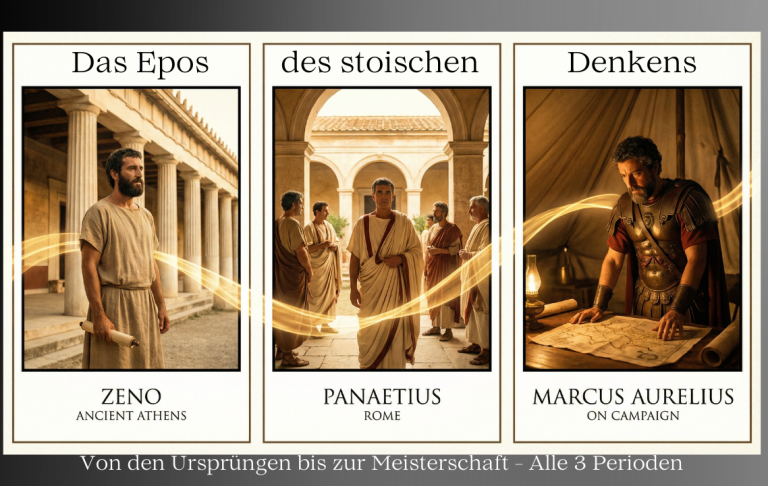 Drei antike Philosophen: Zenon, Panaetius und Marcus Aurelius in historischen Kulissen.