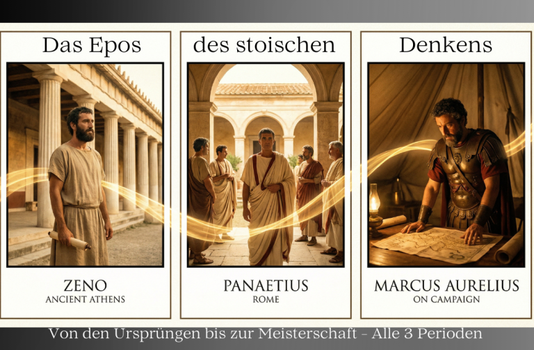 Porträts von Zenon, Panaitios und Marcus Aurelius in antikem Ambiente.