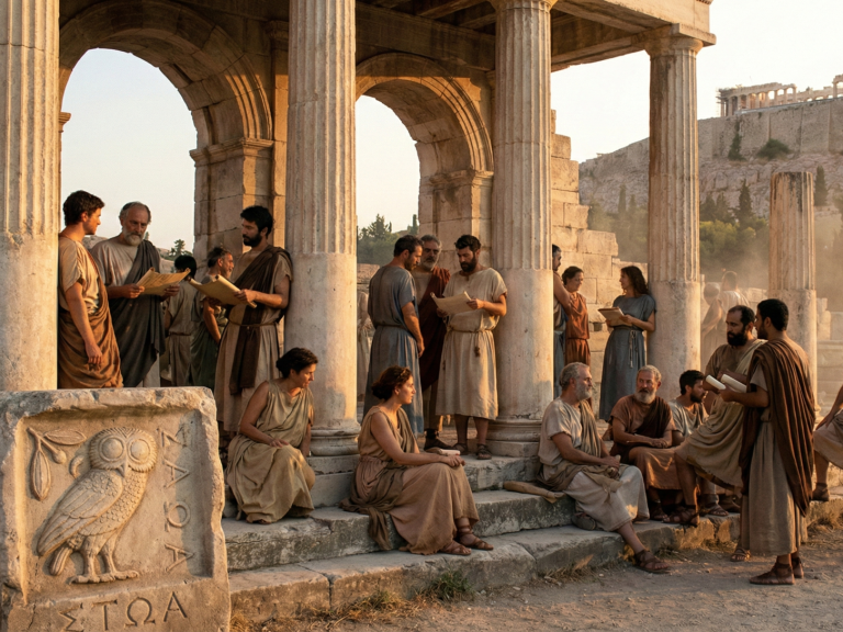 Stoa - Die philosophische Schule des Zenon von Kition Antike Menschen versammeln sich unter Säulen, beleuchten Gemeinsamkeiten in der Diskussion.