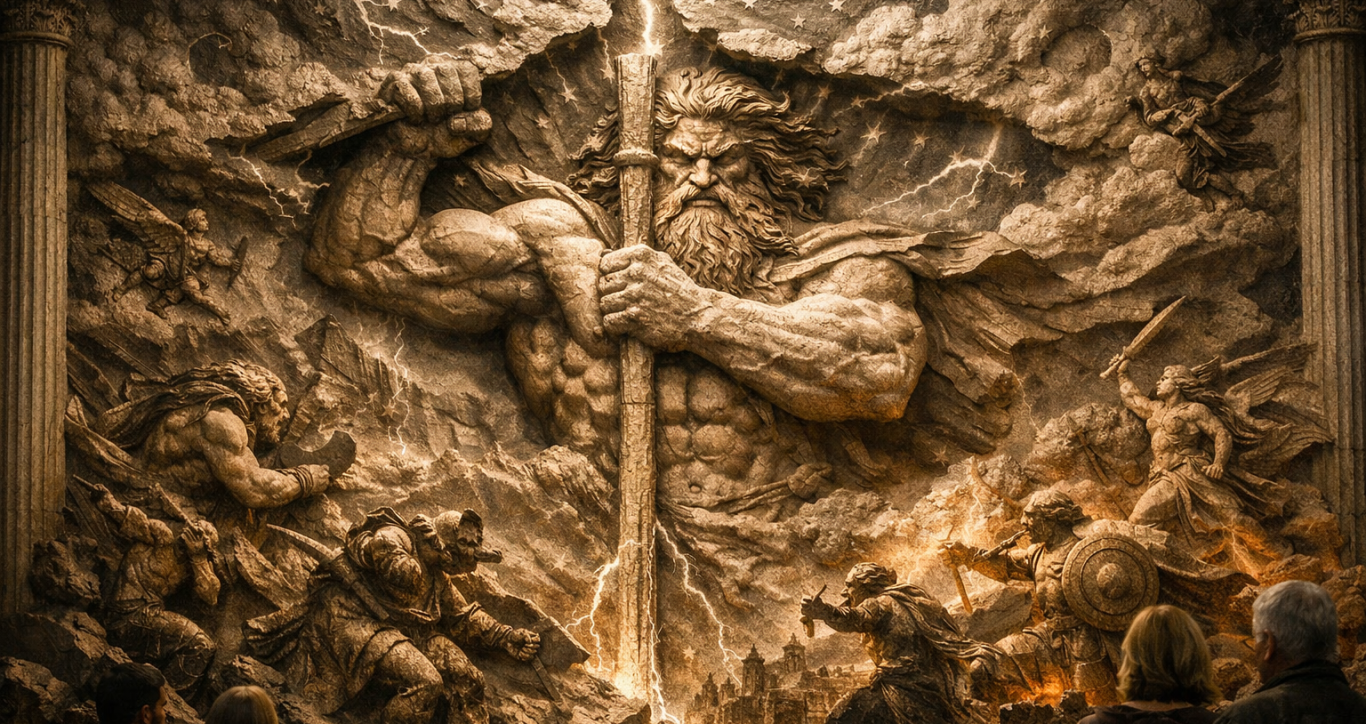 As a son of Uranus and Gaia and one of the four cosmic pillars, he prevents the universe from collapsing. He, married Phoebe, is the father of Leto and Asteria, and grandfather to Apollo and Artemis, linking him to order, reason, and the moon. Reliefkunst zeigt einen mächtigen Krieger mit Schwert, umgeben von kämpfenden Figuren.