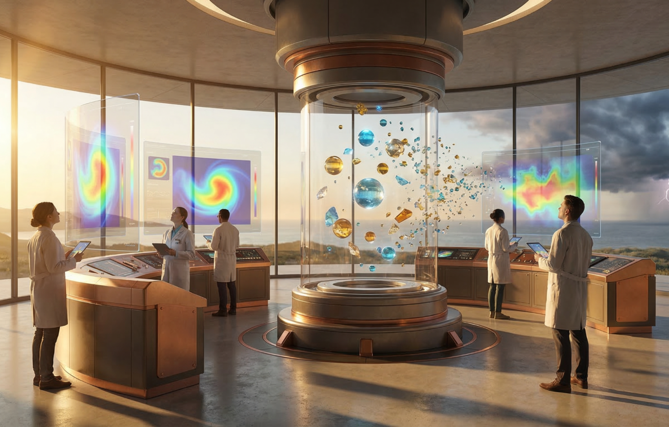 Moderne Laborszene mit Wissenschaftlern, interaktiven Displays und einer schwebenden Datenvisualisierung.
