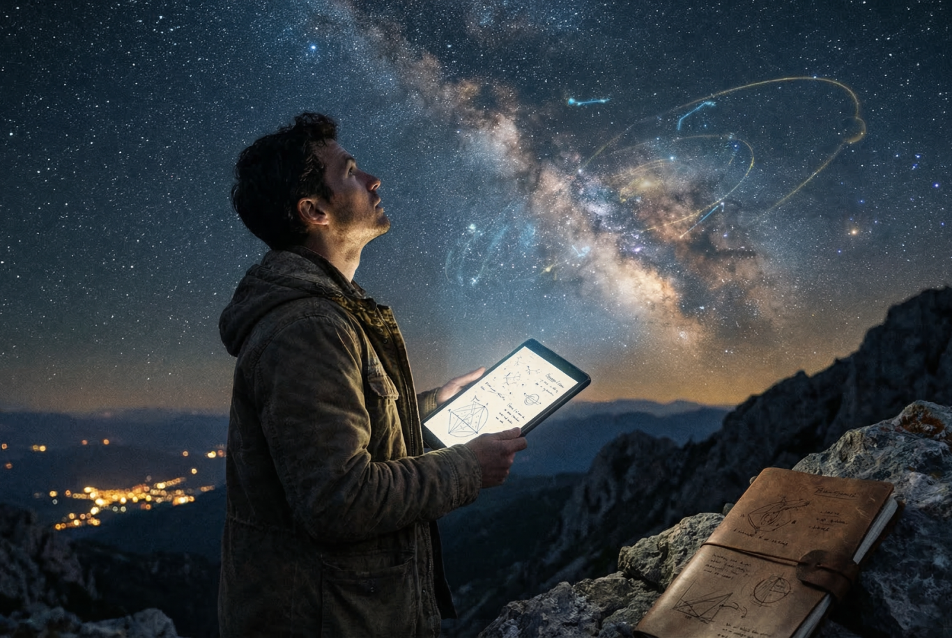 Mann betrachtet den Nachthimmel mit der Milchstraße und hält ein Tablet.