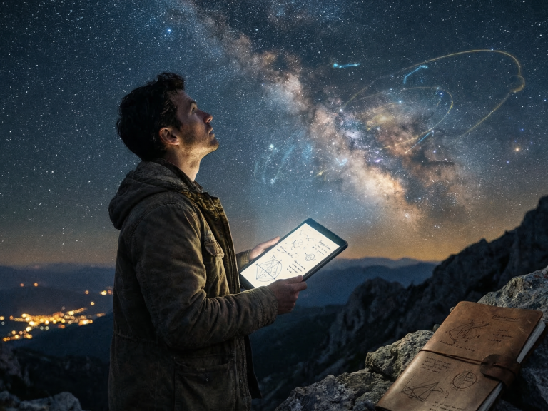 Bewusstsein die erste Ursache ist, Energie seine Geste, Materie sein Ausdruck, Mythos sein Spiegel, Wissenschaft seine Karte und Leben sein ewiger Zyklus der Manifestation. Mann betrachtet den Nachthimmel mit der Milchstraße und hält ein Tablet.