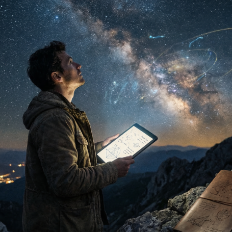 Mann schaut zum Sternenhimmel und hält ein Tablet in der Hand. Milky Way sichtbar.