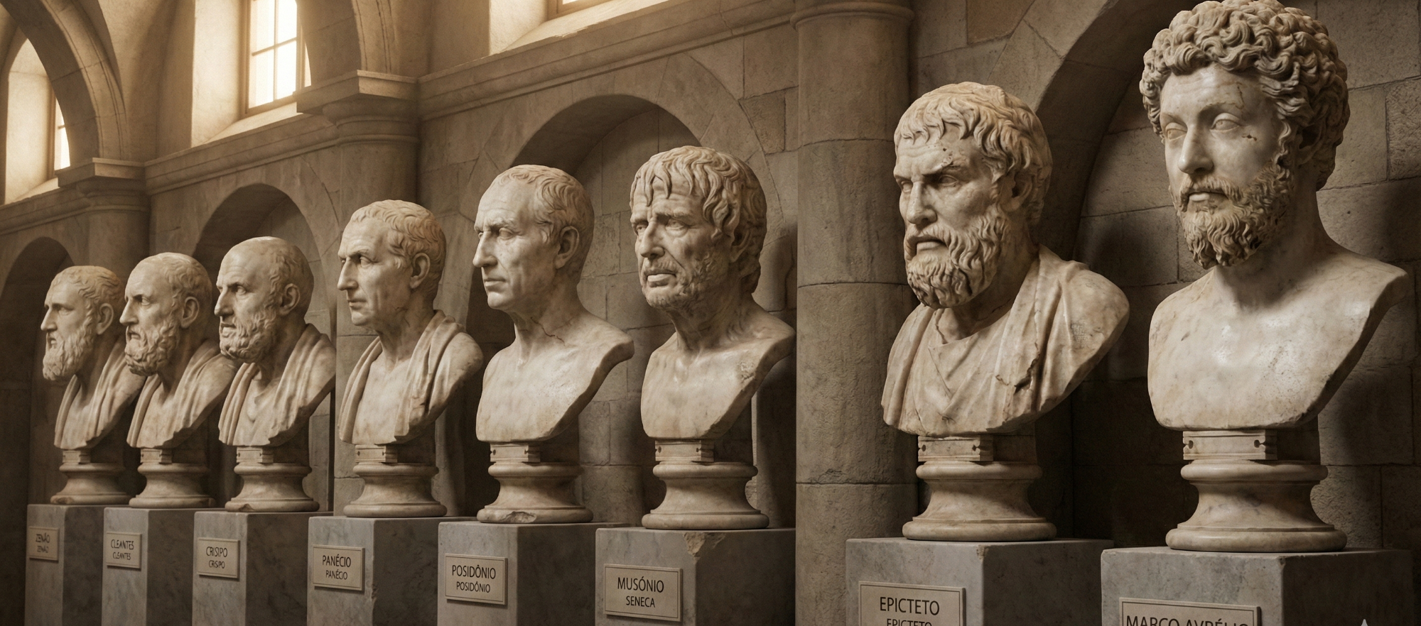 Das Kaiserliche Stoa - Von Zeno bis Marcus Aurelius. Statuen von antiken Philosophen in einer repräsentativen Aufstellung in einem Museum.