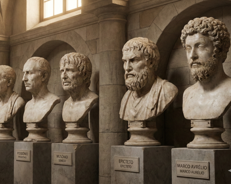 Sechs antike Büsten in einer musealen Umgebung, jede mit unterschiedlichen Gesichtszügen.