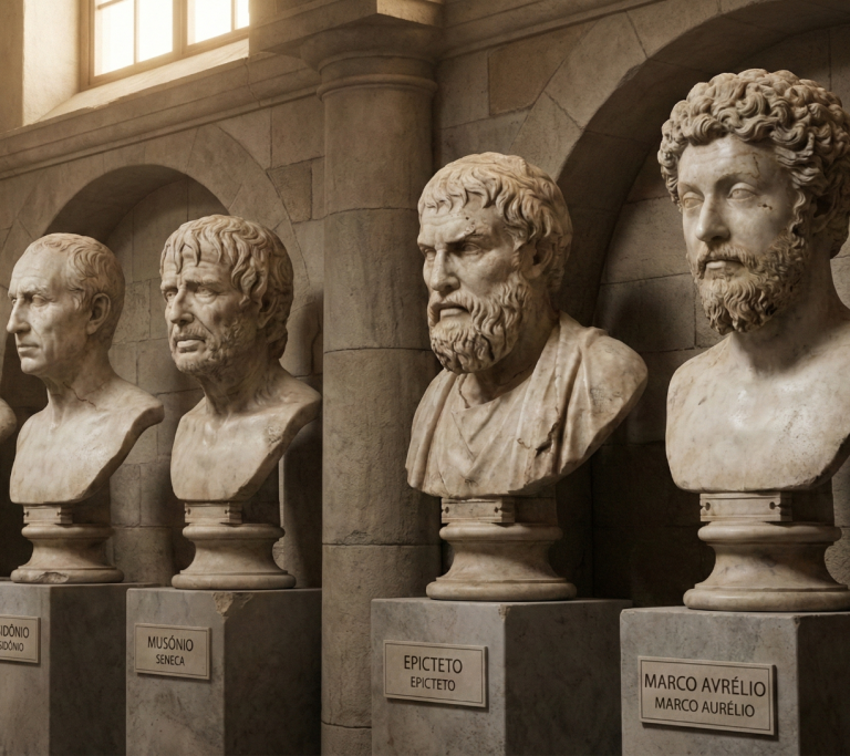 Stoizismus: Die wichtigsten Philosophen und die drei Epochen des STOA Sechs antike Büsten in einer musealen Umgebung, jede mit unterschiedlichen Gesichtszügen.