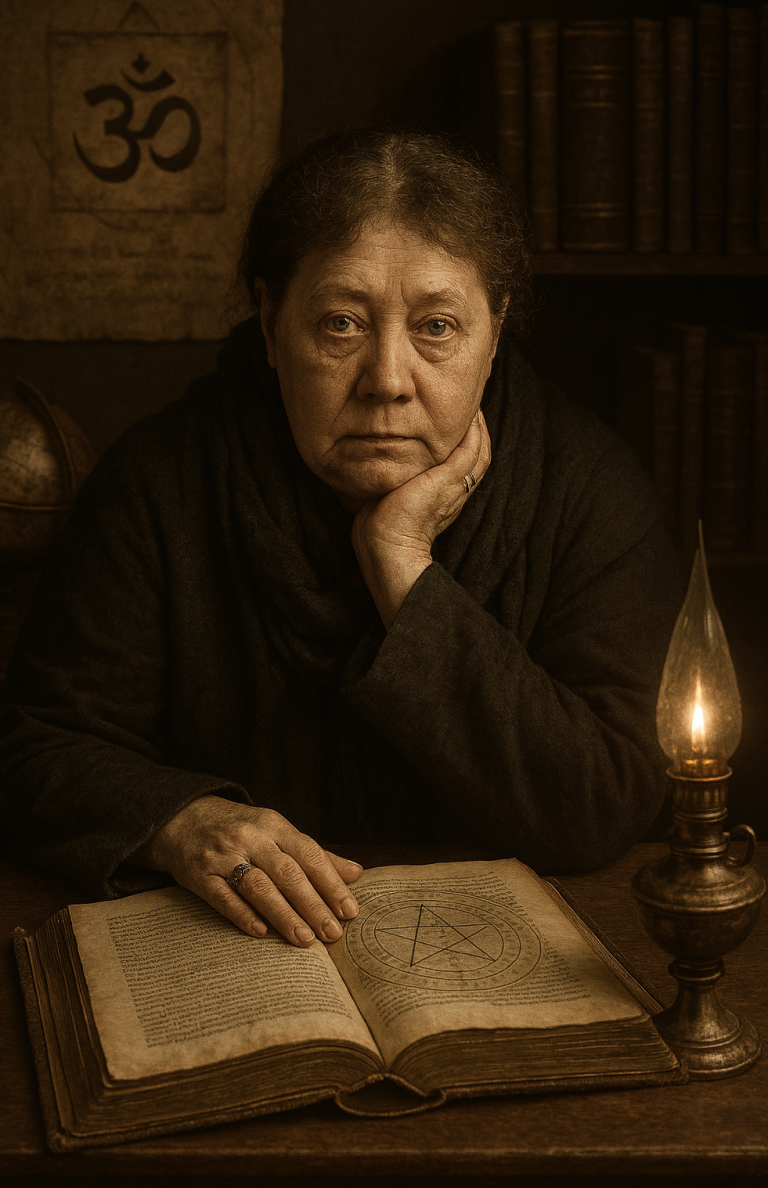 Helena Petrovna Blavatsky| Theosophische Bewegung. Eine ernste Frau mit dunklen Haaren sitzt vor einem Bücherregal.