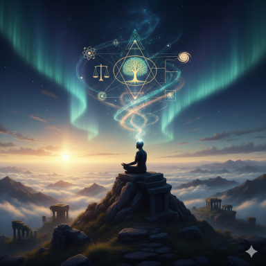 Weisheitslehren Meditierende Person auf einem Berg mit leuchtenden, mystischen Symbolen im Himmel.