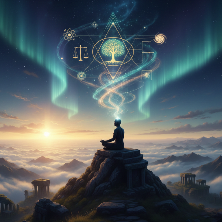 Willkommen in diesem Raum der Weisheit & Erkenntnis, einer Brücke zwischen dem antiken Erbe und den Herausforderungen der Moderne Eine meditative Person sitzt auf einem Felsen, umgeben von leuchtenden, mystischen Symbolen.