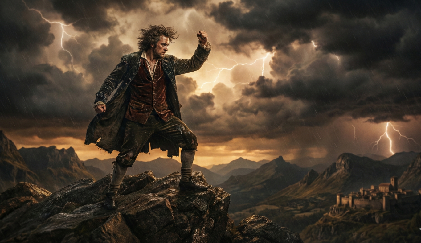 Ein dramatischer Mann steht auf einem Felsen, während Gewitter über einer Gebirgslandschaft wüten.