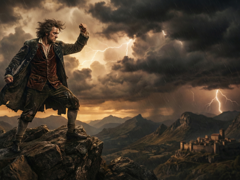 Prometheus Ein dramatischer Mann steht auf einem Felsen, während Gewitter über einer Gebirgslandschaft wüten.