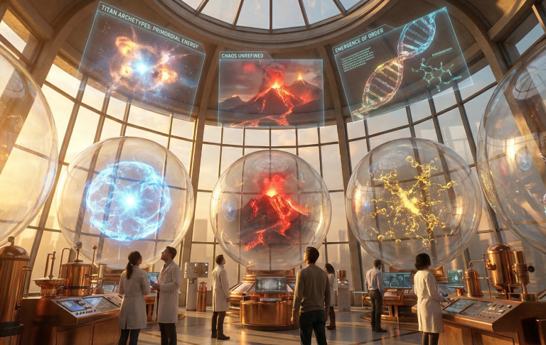 Futuristisches Labor mit Wissenschaftlern, interaktiven Hologrammen und wissenschaftlichen Exponaten.