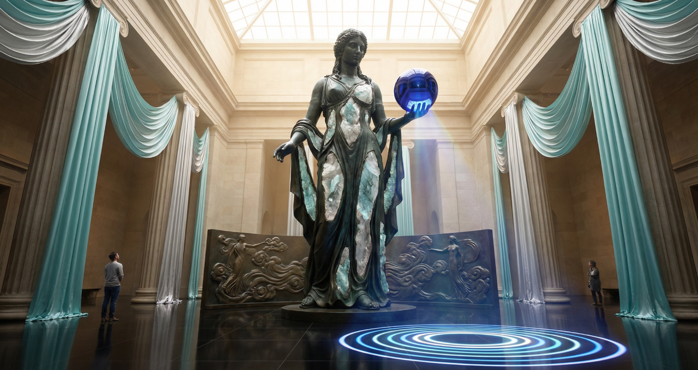Transmuting Theia means valuing Inner Light and spiritual purity over Maya's illusion. Clarity and pure spirit are the source of value. Eine beeindruckende Statue einer Frau hält eine blaue Kugel in einem eleganten Raum.