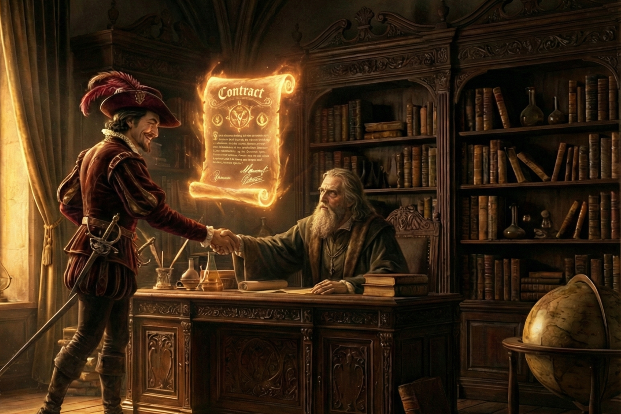 Ein Ritter übergibt einem Gelehrten eine leuchtende Schriftrolle in einem viktorianischen Raum.
