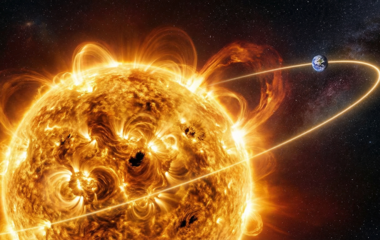 Sonne mit Erde im Orbit, umgeben von leuchtenden Sonnenflecken und Strahlen.