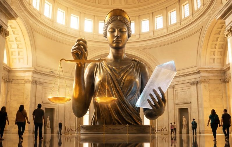 This force personifies, the precise and impersonal aspect, of the law of cause and effect. Nothing within it punishes out of resentment; everything within it responds through correspondence. Statue der Justitia mit Waage und Schwert, umgeben von Besuchern in einem großen Raum.