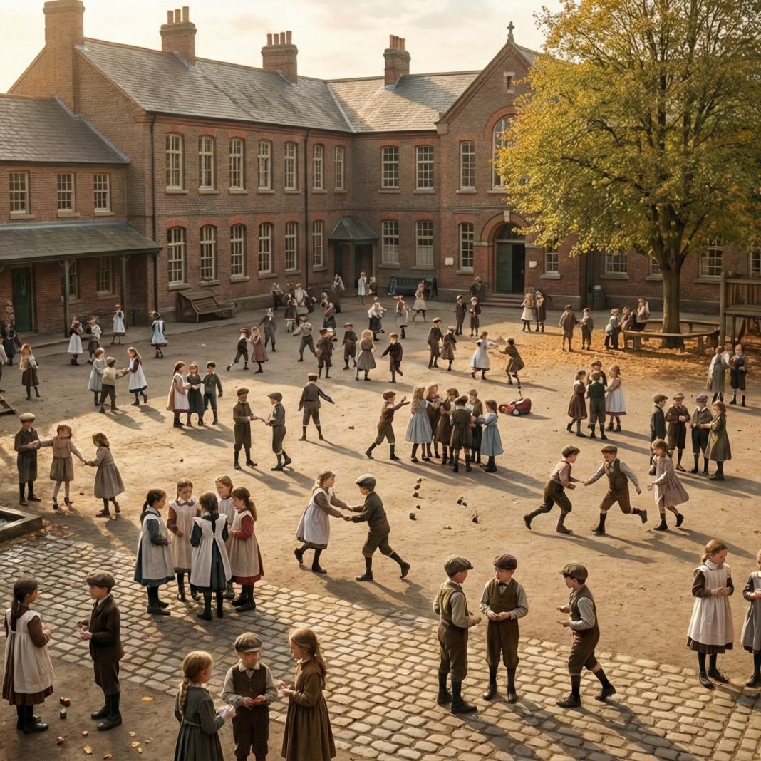 Rudolf Steiner: Die Waldorf-Pädagogik. Erziehung zur Freiheit durch menschengemäße Entwicklung. Eine Gruppe von Kindern spielt in einem Schulhof mit historischen Gebäuden im Hintergrund.