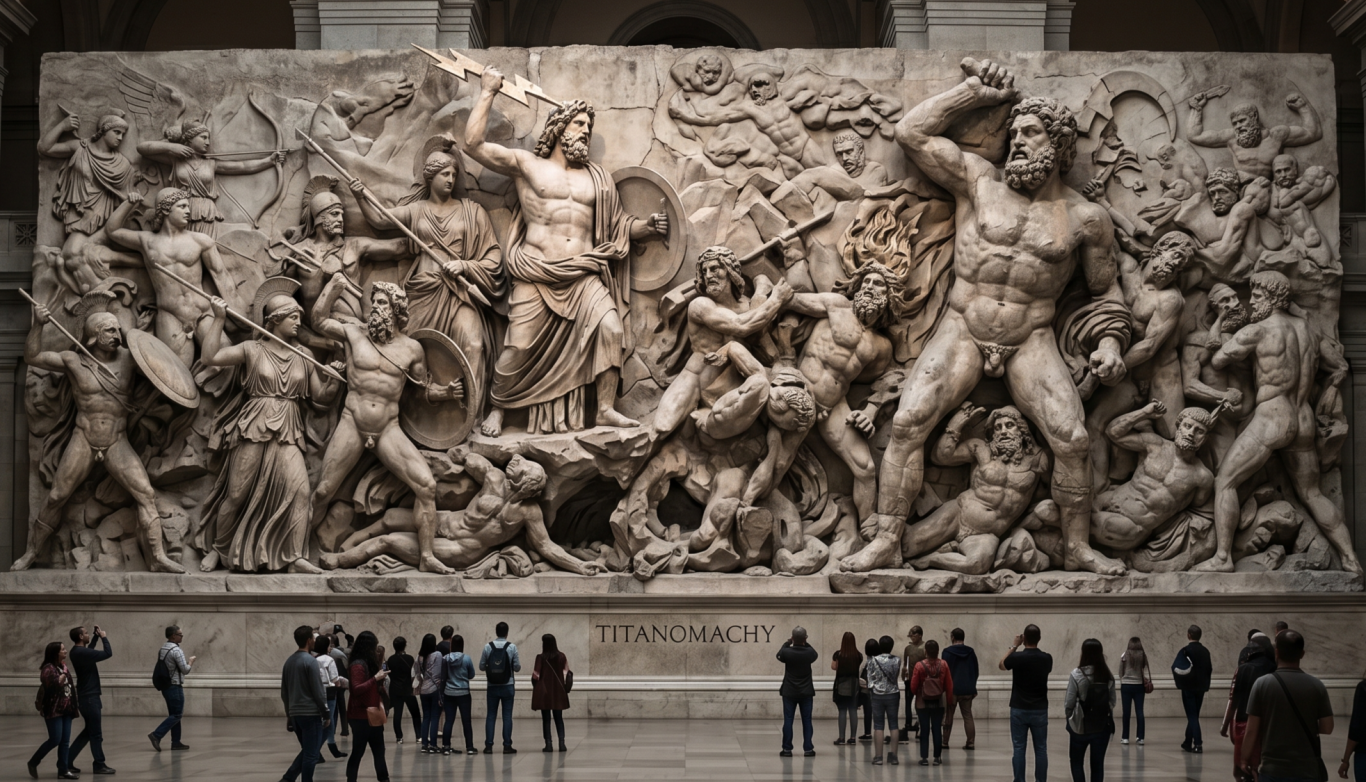 Kunstvoller Relief mit kämpfenden Figuren in dramatischer Szene. Menschen betrachten das Werk.
