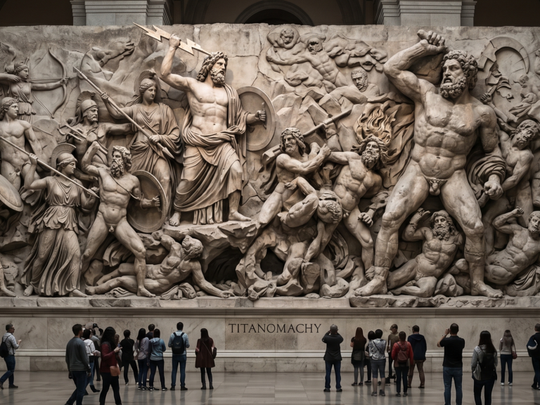 Die Titanomachie Reliefskulptur mit antiken Kriegern in einem Kampf, Menschen betrachten Kunstwerk.