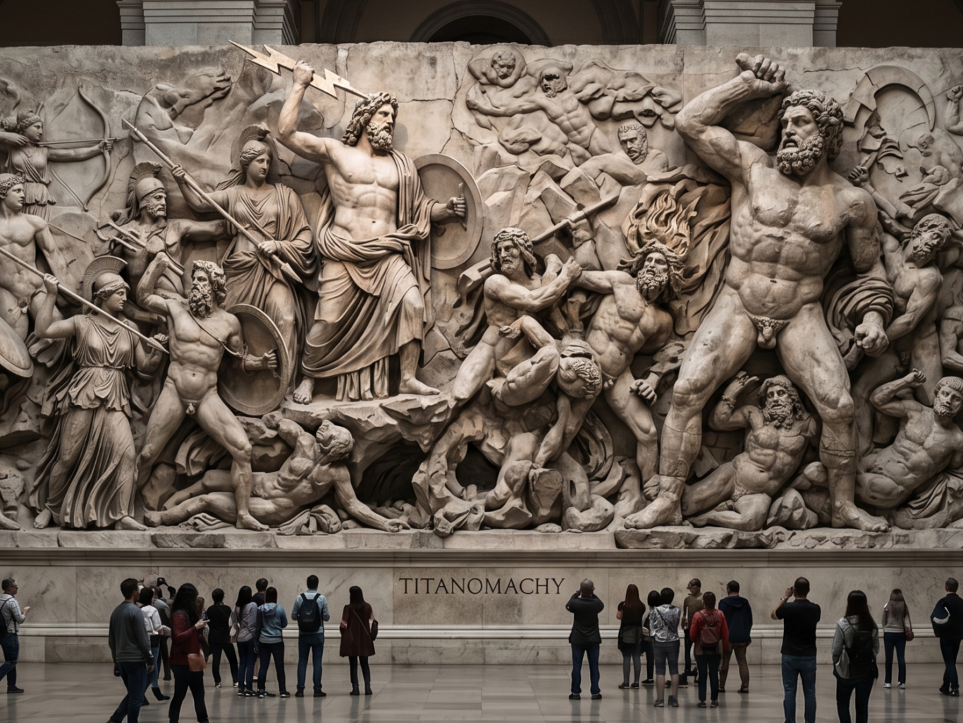 Eine antike Statue vor einer mystischen, naturbelassenen Kulisse mit Galaxien.