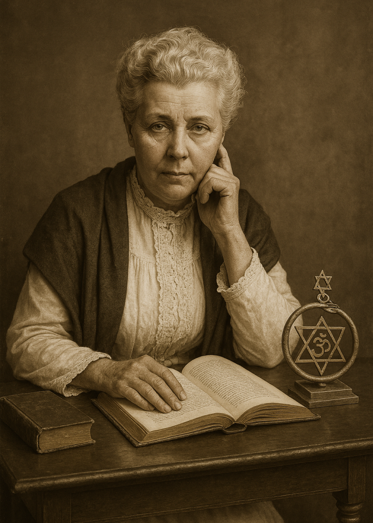 Annie Besant, Ursprünglich eine Aktivistin für Frauen- und Arbeitsrechte in England, fand Besant in der Theosophie den metaphysischen Rahmen, der ihrem säkularen Humanismus fehlte Frau mit kurzem, lockigem Haar, sitzt nachdenklich neben einem offenen Buch und einer Tischdekoration.