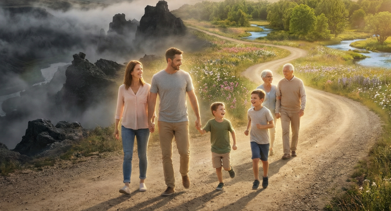 Eine Familie lächelt über das Bett eines Babys in einem sonnigen Raum.